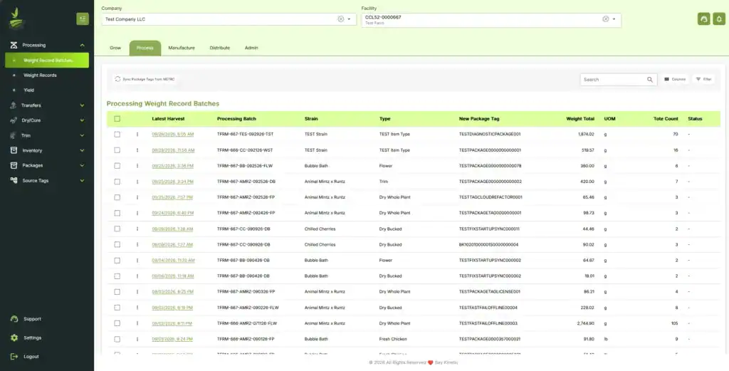 BaykedFarm Processing Weight Record Batches screen listing batches with strain, package tag, weight total and tote count
