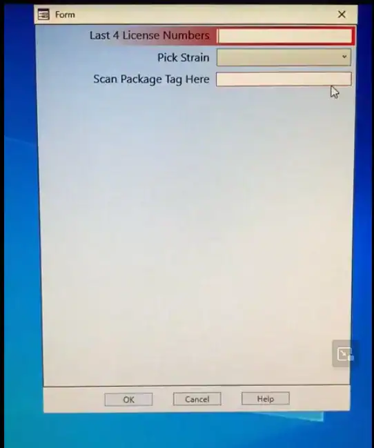 Version 2 BaykedStation app: a form asking for the last 4 license numbers, a strain and a package tag scan